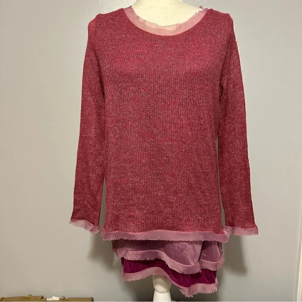 Easel heathered pinkish layered, raw hem long sleeve tunic sweater size small